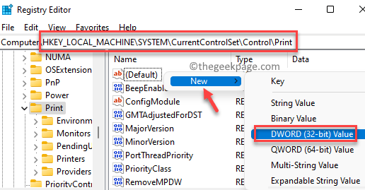 Registry Editor Navigate To Print Folder Path Right Side Right Click New Dword (32 Bit) Value Min