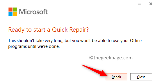 Office 365 Confirm Quick Repair Minimum