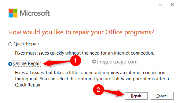 Office 365 Modify Online Repair Min