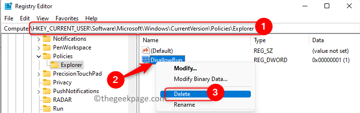 Registry Microsoft Windows Policies Explorer Delete Entry Disallowrun Min