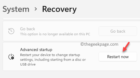 System Recovery Advanced Startup Restart Now