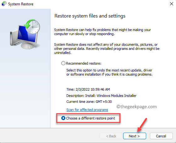 System Restore Choose From Recommended Restore Or Choose A Different Restore Point Next Min