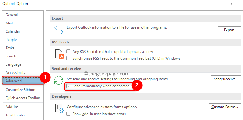 Outlook File Options Advaces Send Immediately Wehn Connected Min