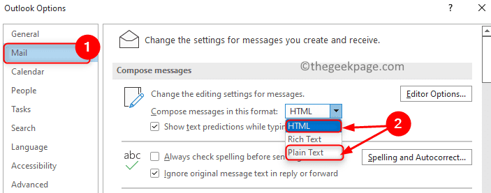 Outlook Options Mail Compose Messages In Html Plain Text Format Min