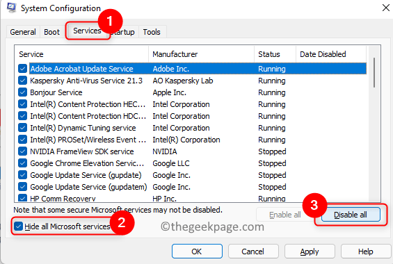 System Configuration Services Hide All Disable Min
