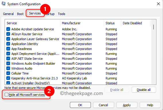 Konfigurasi Sistem Hapus centang Sembunyikan Semua Layanan Microsoft Min