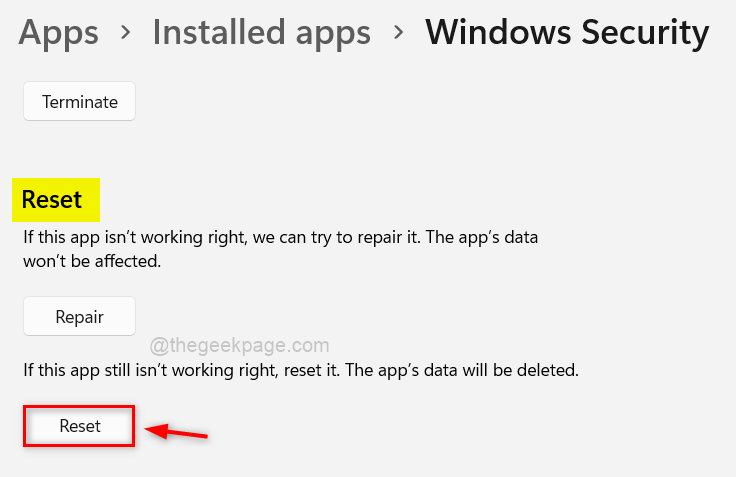Setel ulang Aplikasi Keamanan Windows 11zon