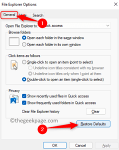 File Explorer Options General Restore Defaults Min