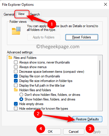 File Explorer Options View Restore Defaults Advanced Settings Min