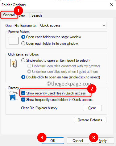 Folder Options Check Show Recently Used Files In Quick Access Min