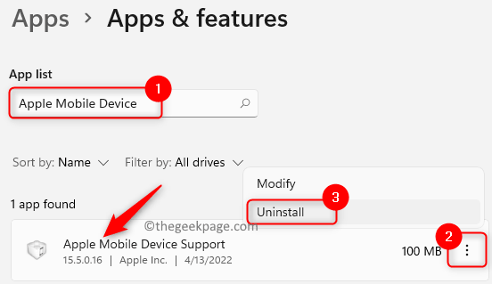 Settings Apps Features Apple Mobile Device Support Uninstall Min