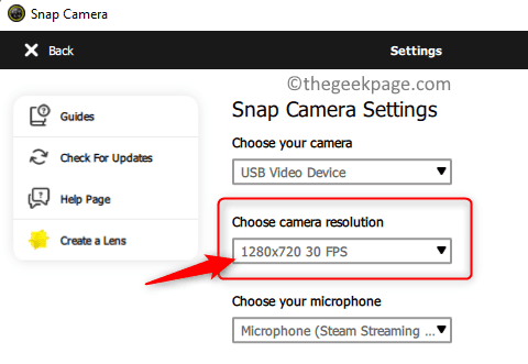 Snap Camera Settings Choose Camera Resolution Min