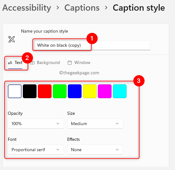 Accessibility Captions Edit Change Text Color Opacity Size Min