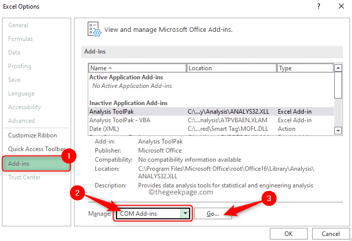 Excel Options Add Ins Manage Com Add Ins Min