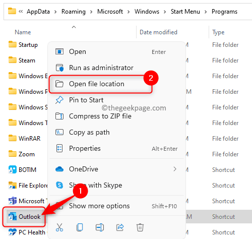 Outlook Start Menu Programs Open File Location Min