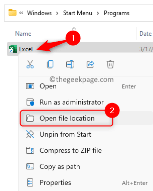 Start Menu Programs Excel Open File Location Min