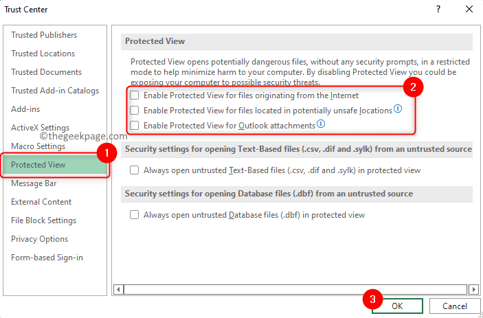 Trust Center Protected View Uncheck Protected View Options Min