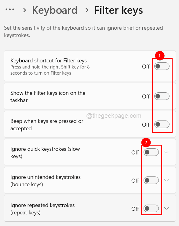 Filter Keys All Options Turned Off 11zon