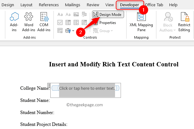 microsoft word plain text content control