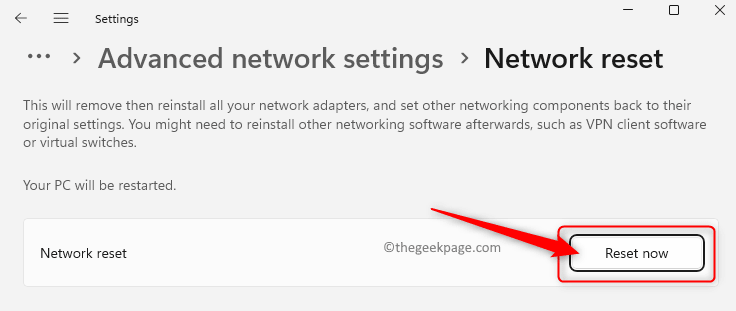 Advanced Network Settings Network Reset Reset Now Min