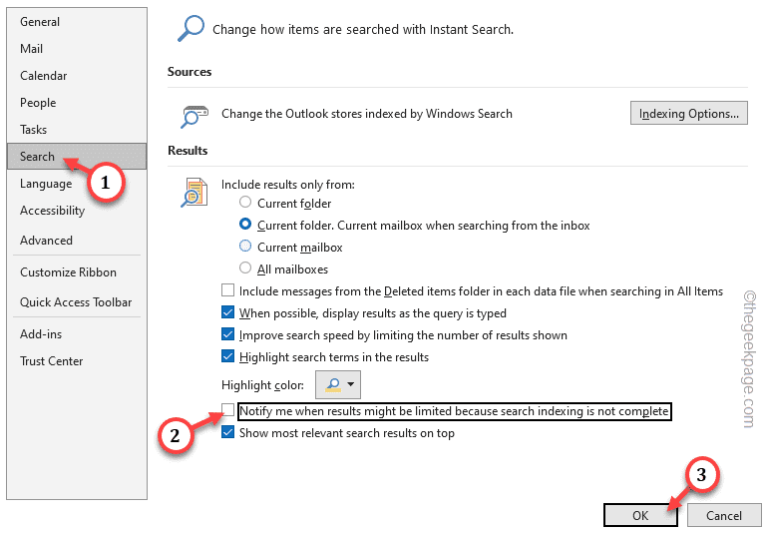 Outlook constantly indexing Search results may be incomplete error Fix