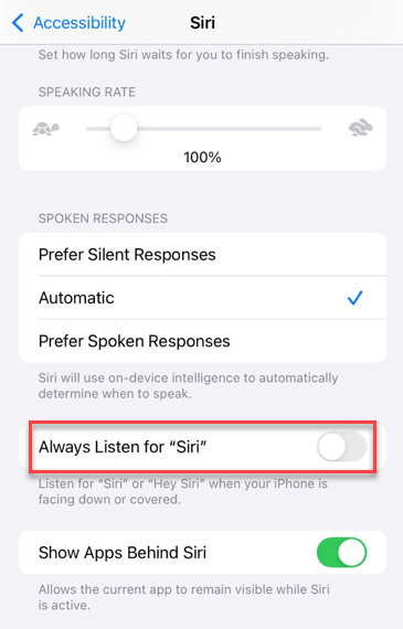 iPhone Siri Activates Randomly Without Saying Hey Siri on iOS 26 - Fix 3 always listen for siri
