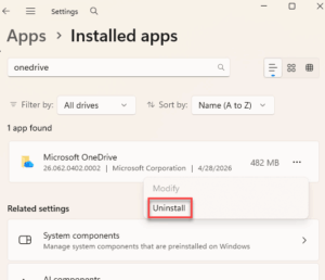 uninstall onedrive settings