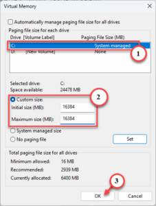 initial size and custom size 16384 c drive
